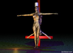 there is a bright light above a giant woman. the woman is hair. a long giant concrete cylinder is above the woman. the cylinder is 3 inches in the woman. the cylinder is white. the sky is moss. it is night. the ground is flower texture. there is a bright purple light under the woman. there is a orange light to the left of the woman. there is a bright blue light to the right on the woman. there is a giant upside down cross behind the woman. the cross is red. there is a giant bright green light above the cross.