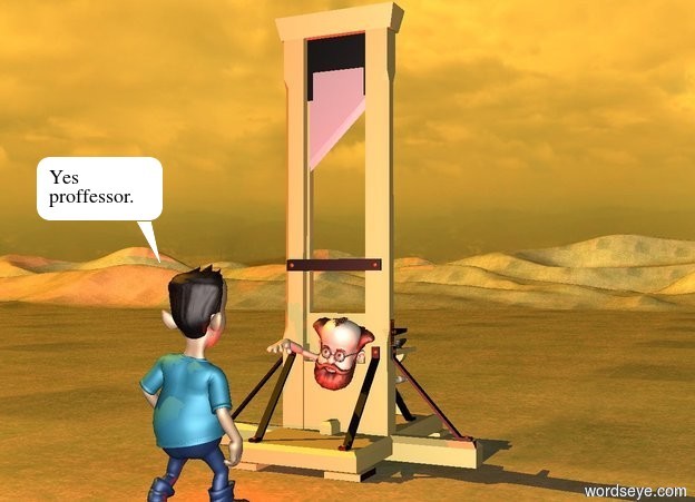 Input text: a guillotine.a man is behind the guillotine.the man is -6 feet behind the guillotine.the man is 1.5 feet above the ground.a boy is 3 feet in front of the guillotine.the boy is facing the guillotine.the ground is grass.a red light is behind the boy.the sun is orange.