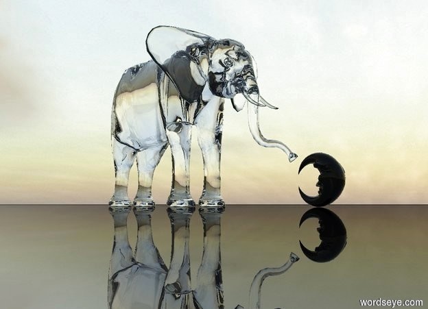 Input text: a glass elephant sits on the ground. the ground is black and shiny. the elephant faces the black glass moon. the moon faces the elephant