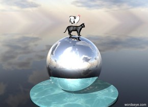 The chicken is on top of the black cat. The black cat is on top of a 5 foot tall silver sphere. The ground is made of glass. There is a 8 foot wide pond below the sphere.