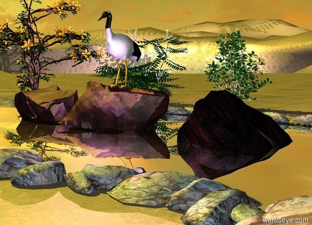 Input text: a river.the river is 50 feet deep.a first rock is in the river.a second rock is 6 inches left of the rock.a bird is -4 inches above the first rock.a third rock is 7 inches right of the first rock.a lavender light is in front of the bird.the ground is grass.a 5 feet tall bush is 8 feet behind the bird.the bush is on the ground.a 6 feet tall mahonia is 1 feet left of the bush.a clematis is 3 feet left of the mahonia.the river is silver.the camera light is grey.the sun is lemon.