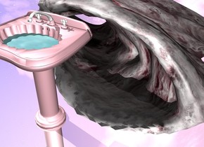 A pink sink. small water is 150 centimeters inside the sink. ground is silver. a big pink wave is behind the sink in the ground.