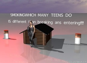There is a giant cigarette 3 feet to the left of a tiny cabin. There is a red light above the cabin. tiny white "SMOKINGWHICH MANY TEENS DO" is 1 foot above the cabin. tiny white "IS different than breaking ans entering!!!!" is above the cabin. there is a giant cigarette 3 feet to the right of the cabin. There is a small woman in front of the cabin.
