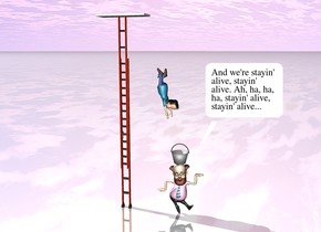 the ladder is 20 feet tall. it is 1 foot wide. the tiny wall is above the ladder. it is face up. the man is 3 feet to the right of the ladder.  he is 10 feet above the ground. he is face down. he is facing right. a second man is 3 feet to the right of the ladder. the bucket is above the man. the ground is shiny.