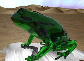 The huge clear green bullfrog is on the desert. The very huge shiny water egg is under the bullfrog. It is upside down. It is 6 inches in the ground. A second frog is 10 inches in the bullfrog. A third frog is above and in front of the second frog.