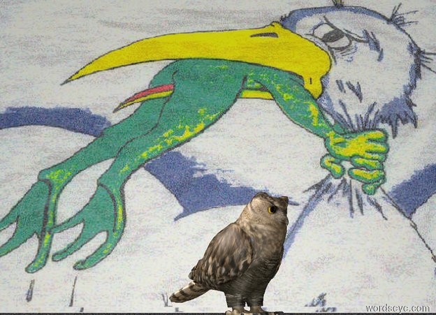 Input text: a owl.behind the owl is a [KAWE12] wall.the wall is 4.3 feet wide and 2.9 feet tall.the owl is facing southeast.the owl is 10 inch tall.the owl is 45 inch above the ground.the ground is sand.the ambient light is gray.the camera light is gray.