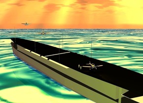  a gray aircraft carrier is -6.5 feet above the ground. 1st small silver  plane is -52 feet to the front and -68.5 feet left of the aircraft carrier. it is -0.1 feet above the aircraft carrier. it faces back. it leans back. 2nd small shiny silver plane is -110 feet to the back of and -54 feet left of the aircraft carrier. it is -7.2 feet above the aircraft carrier. it faces back. it leans   to the front. a 15 feet tall and 0.3 feet wide tube is -65 feet to the back of the aircraft carrier. it leans 82 degrees to the right. it is -16.7 feet above the aircraft carrier. 3rd  small silver plane is -45 feet to the back and -19 feet above the aircraft carrier. it is -35 feet left of the aircraft carrier. it is -18 feet above the aircraft carrier. it faces back. 1st tiny orange man is right of the 3rd plane. the ground is [water]. the [water] is 500 feet tall. the sun's altitude is 78 degrees. the sun's azimuth is 40 degrees. 2nd tiny orange man is 3 feet in front of the 1st man. a orange light is above the 3rd plane. the sun is orange. the ambient light is pink. the camera light is chartreuse