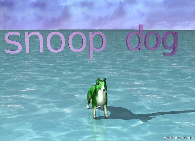 Input text: The ground is water. The shiny purple "snoop dog" is 1 foot above the green dog