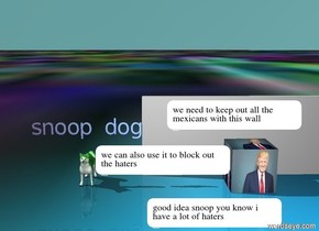 
The shiny purple "snoop dog" is 1 foot above the  big green dog.
the green fish is 0.5 feet below from the clear red "dank memes".the very large [donald] is 1 foot to the south of the grey wall.

 the ground is [lol].
the sky is green turquoise.