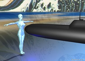 The small submarine is three feet above the ground. The submarine is facing south. The water woman is three inches south of the submarine and two inches above the ground. The woman is facing the submarine. The sky is ocean. The ground is [swimming pool]. The bright blue light is one foot above the ground and six inches north of the woman. 
