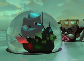 a 20 feet tall clear sphere.the ground is water.a tiny ship is -14 feet above the sphere.the sphere is 6 feet in the ground.a red light is in front of the ship.a cyan light is above the ship.the sun's altitude is 90 degrees.a green light is right of the ship.a violet light is left of the ship.the sun is aquamarine.the camera light is black.a 40 feet tall man is 15 feet behind the sphere.the man is 26 feet in the ground.a crown is -60 inches above the man.the crown is 4 feet tall.the crown is gold.a lavender light is in front of the man.the lavender light is on the ground.