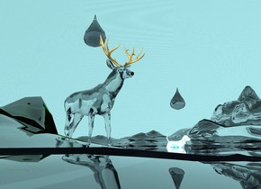 transparent drop is 1 foot tall.  ground is water. small water dog is 1 feet under drop. small transparent island under the dog. White transparent deer 2 feet behind the dog.  2 feet tall transparent drop above deer. Tiny transparent mountain is to the left of the deer. Another tiny transparent white mountain is 8 feet away to the right of the deer.  Sky is water.