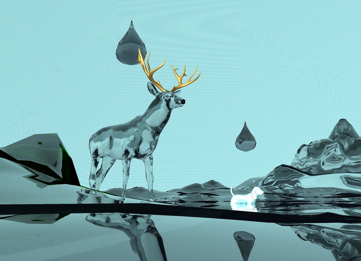 Input text: transparent drop is 1 foot tall.  ground is water. small water dog is 1 feet under drop. small transparent island under the dog. White transparent deer 2 feet behind the dog.  2 feet tall transparent drop above deer. Tiny transparent mountain is to the left of the deer. Another tiny transparent white mountain is 8 feet away to the right of the deer.  Sky is water.