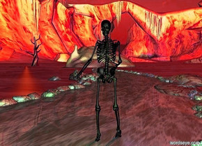 a river.a skeleton is -25 inches above the river.the skeleton is facing right.a cave is 100 feet left of the skeleton.the cave is 20 feet in front of the skeleton.the ground is rust.a green light is right of the skeleton.the sun is red copper.a red light is in front of the cave.a purple light is behind the skeleton.the skeleton is black.a dead tree is 15 feet in front of the cave.the river is dull.a orange light is in front of the tree.the cave is texture.