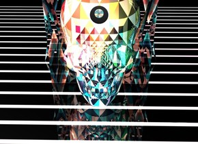 The clear cube is above the floor. The floor is [linex]. The ground is clear. The sky is clear. The floor is shiny. The floor is 30 feet above the ground. The cube is huge. The huge octopus is inside the cube.The octopus is [geometric]. The huge skull is -48 inches under the octopus. The skull is shiny. The huge opaque cube is under the floor. The cube is dark black. The huge opaque octopus is inside the cube. The octopus is upside down. The octopus is [geometric].The skull is [geometric]. A white light on the cube. The ambient light is pink. The camera light is on the skull. The skull is -18 inches in front of the cube. A small flat sphere in front of the skull. The sphere is 38 inches above the floor. The sphere is black. A tiny flat sphere is in front of the sphere. The sphere is 40 inches above the floor. The sphere is [geometric]