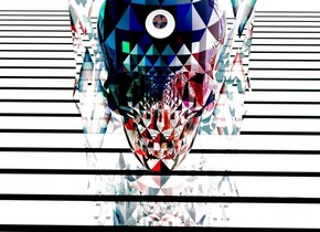 The clear cube is above the floor. The floor is [linex]. The ground is clear. The sky is clear. The floor is shiny. The floor is 30 feet above the ground. The cube is huge. The huge octopus is inside the cube.The octopus is [geometric]. The huge skull is -48 inches under the octopus. The skull is shiny. The huge opaque cube is under the floor. The cube is dark black. The huge opaque octopus is inside the cube. The octopus is upside down. The octopus is [geometric].The skull is [geometric]. A white light on the cube. The ambient light is pink. The camera light is on the skull. The skull is -18 inches in front of the cube. A small flat sphere in front of the skull. The sphere is 38 inches above the floor. The sphere is black. A tiny flat sphere is in front of the sphere. The sphere is 40 inches above the floor. The sphere is [geometric]