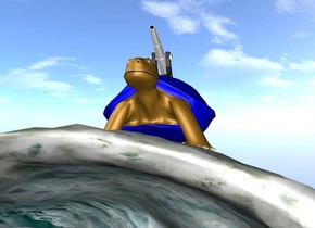 A big blue turtle. the turtle is on the wave. a tiny cannon is on the turtle.
