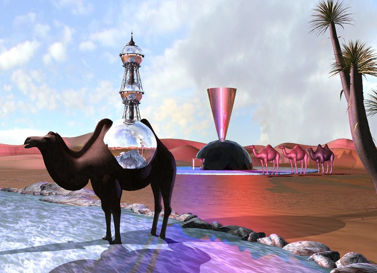 Input text: the first extremely tiny silver water tower is 8 inches in the camel. it is -4.1 feet behind the camel. a second extremely tiny silver water tower is 7 inches in the first water tower. the very large silver sphere is 4 feet in the camel. it is -5.5 feet behind the camel. the camel is in the river. another silver structure is 60 feet behind and 80 feet to the left of the camel. the structure is on a large pond. the humongous silver upside down cone is -5 feet above the structure. the river is under the camel. three brown camels are to the right of the pond. the red light is above and to the right of the structure. the blue light is above and in front of the structure. the mauve light is behind the river. a large tree is 3 feet behind and 8 feet to the right of the silver sphere. it is on the ground. the camera light is black. a pink light is 3 feet in front and two feet above the silver sphere.