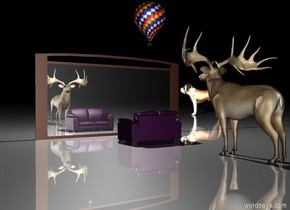 there is a purple couch.

 there is a dog 36 feet southwest of the couch. the dog is facing southeast. the dog is 8 feet tall.

the very tiny hot air balloon is 5.5 feet above the couch.

there is a deer several feet north of the couch.

the ground is shiny.

there is a sixteen feet wide mirror five feet in front of the couch. the mirror is eight feet tall. the mirror is facing the couch.

there is a large light one feet above the mirror. it is night.