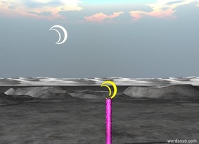 There is a big yellow moon. there is a clear sphere 50 inches in the moon. the moon is on a [pink] column. there is a huge moon 50 feet behind and 20 feet above the column.