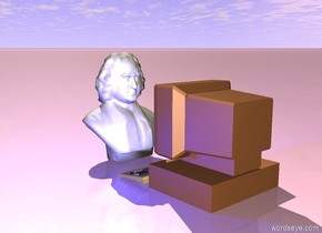 The computer is facing the statue. The statue is facing the computer. There is a blue light in front of the computer. The ground is pink.