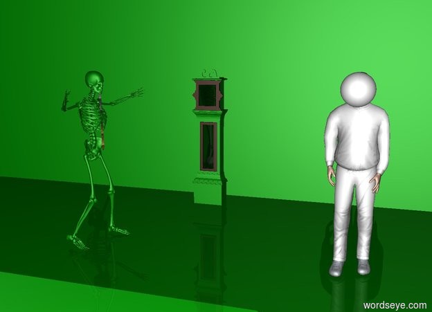 Input text: the white ball is -1 feet above and -1.3 feet behind the white man.  the green grandfather clock is 5 feet behind and 5 feet left of the man.  the green skeleton is 7 feet left of the man.  the green skeleton is facing east.  the rainbow shirt is facing east.  the rainbow shirt is -2.7 feet above and -.5 feet right of the skeleton.  the 500 foot wide 50 foot tall green wall is 7 feet behind the man.  the ground is green.