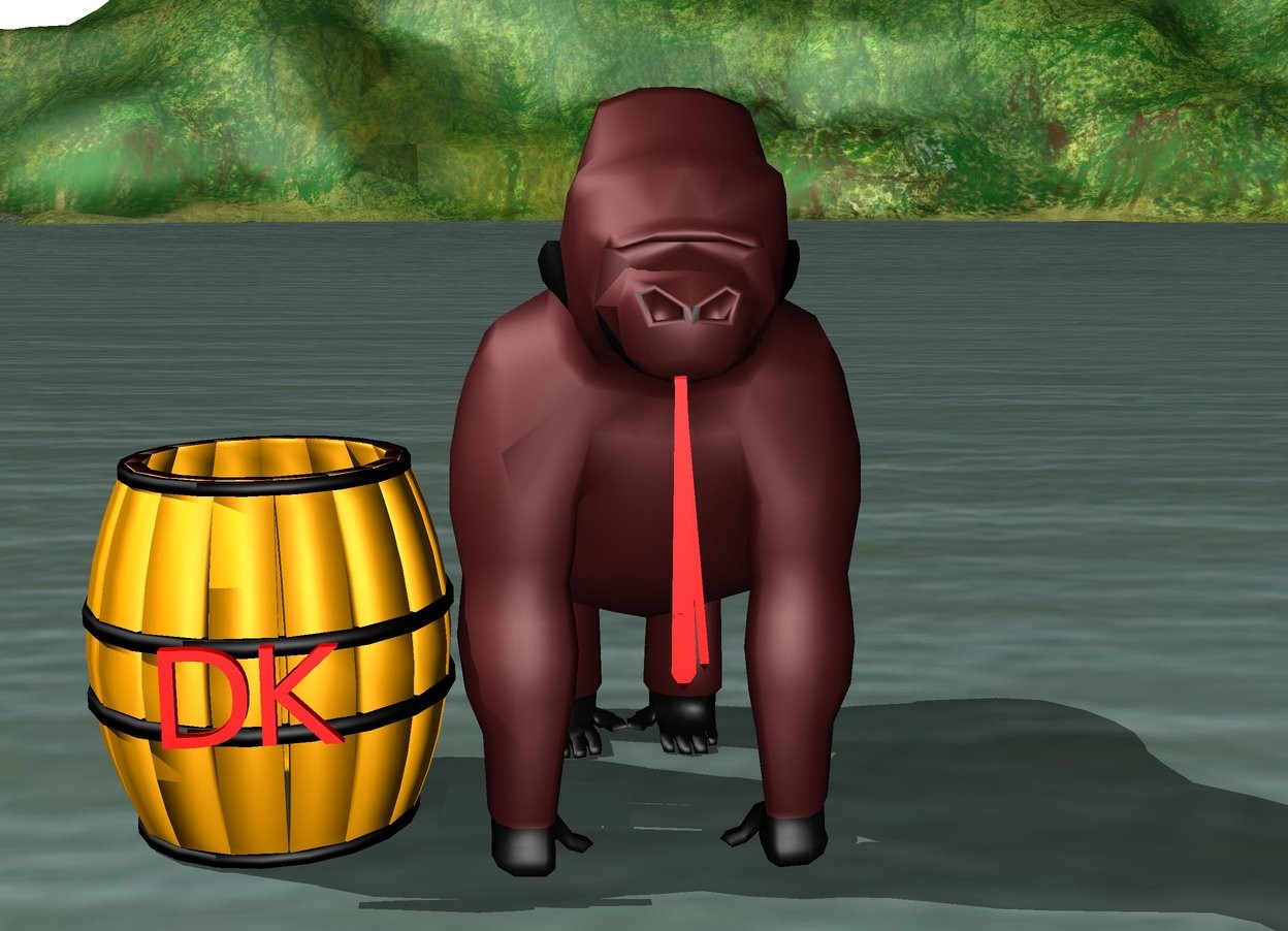 Input text: brown gorilla. there is a red tie 0.001 inches in front of the gorilla.the tie is 2 feet above the ground. ground is unreflective. there is a light orange barrel next to the gorilla. small red "DK" is 0.001 inches in front of the barrel. "DK" is 14 inches above the ground.