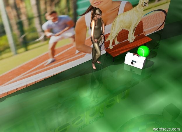 Input text: A golden retriever is sitting on a park bench. It is cloudy. The sky is green. The ground is grass. There is a hot air balloon in the sky. It is to the right of the dog. Next to the bench there is a woman. A tennis racquet next to the dog. In front of the bench there is a huge tennis ball. There is a [tennis] wall behind the woman. The big yellow "lesbian"  is on top of the wall. The toolbox is in front of the bench. There is a sign. There are trees in the background. The small green "MatchBall" is on top of "lesbian".   There is a giant sausage next to the wall.  Facing the bench, there is another woman sitting on a motorcycle. 