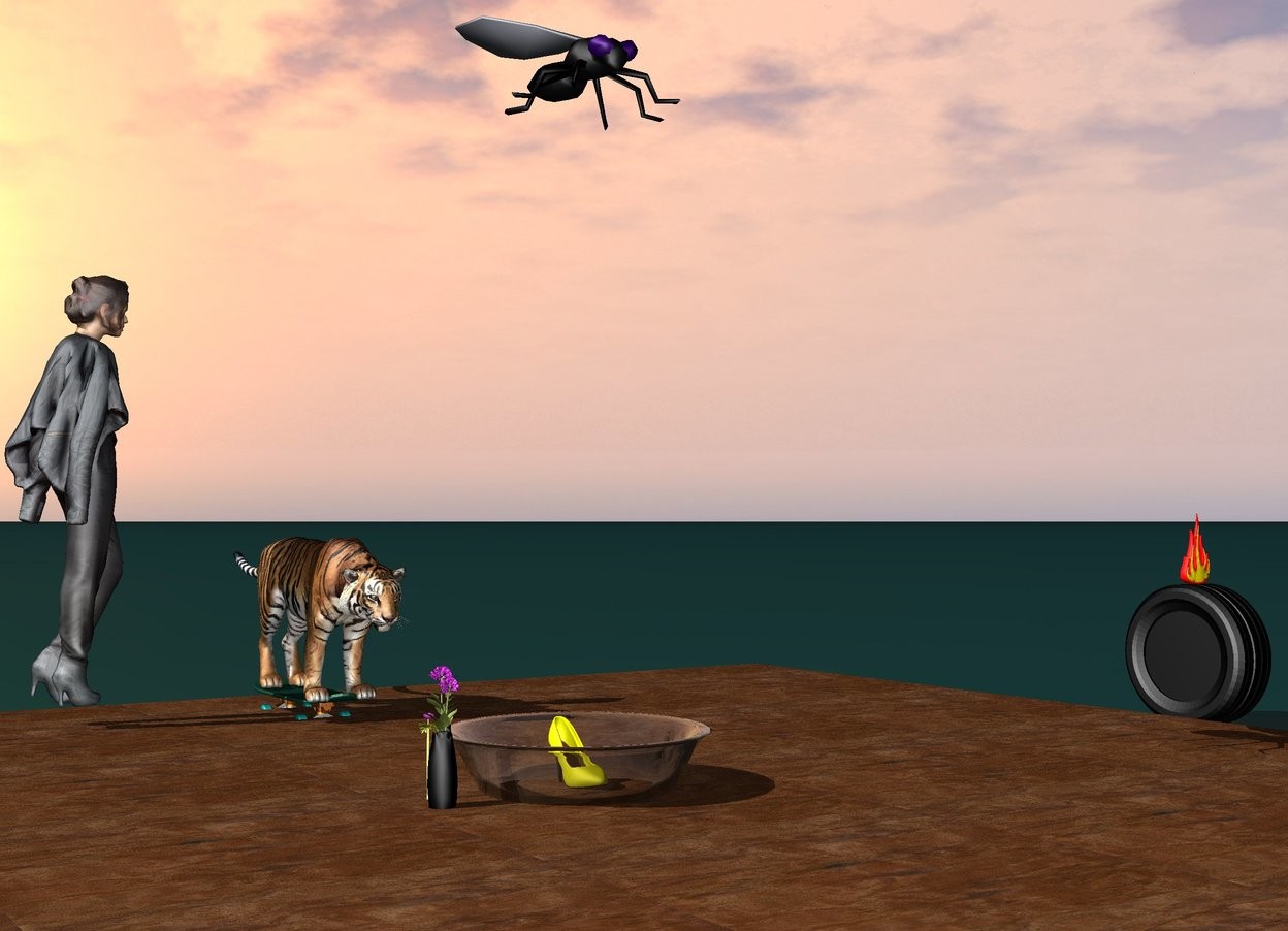 Input text: on a wooden floor there is a yellow shoe in a huge transparent bowl.

purple flowers are next to the bowl.

There is a tiger 1 meter behind the bowl. 

The tiger is on a skateboard.

The sky is dark.

The woman 2 feet away from the tiger.

The woman is facing towards the tiger.

There is a moon in the sky.

There is a tire between the tiger and the woman.

The sky is yellow.

The ground is cyan.

A gigantic fly is 2 meter above the bowl.

a fire on top of the tire.