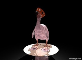 a 20 feet tall dull dodo. 
A 1.7 feet tall shiny crown is -4.4 feet above and -8.4 feet in front of and -9.1 feet left of the dodo. It leans 50 degrees to the left. it is facing southeast.
the sky is silver. 
a 20 feet tall pale silver green shiny emoticon is below the dodo. it leans 90 degrees to the front. it is -2 feet above the ground.
the ground is shiny black. there is a white light 5 feet above the dodo. the ambient light is pink. the camera light is black. it is night.