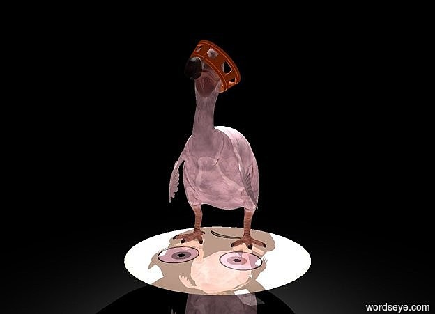 Input text: a 20 feet tall dull dodo. 
A 1.7 feet tall shiny crown is -4.4 feet above and -8.4 feet in front of and -9.1 feet left of the dodo. It leans 50 degrees to the left. it is facing southeast.
the sky is silver. 
a 20 feet tall pale silver green shiny emoticon is below the dodo. it leans 90 degrees to the front. it is -2 feet above the ground.
the ground is shiny black. there is a white light 5 feet above the dodo. the ambient light is pink. the camera light is black. it is night.