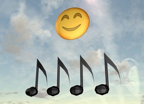 4 Music notes are 300 feet above the ground. an emoji is behind and a foot above the notes.