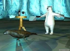 a seal is -0.1 feet above a skateboard. a 6 feet tall polar bear is 5 feet behind the skateboard. a very large fork is -2.85 feet above and -0.16 feet right of the polar bear. it leans 170 degrees to the front. a very large knife is -3.2 feet above and -0.8 feet left of the bear. a 4 feet tall table is 3 feet behind and 6 feet to the left of the skateboard. a plate is on the table. a large glass is right of the plate. a large bottle is left of the plate. it faces right.  It is dusk. a dim pink light is right of the glass. the camera light is sky blue. a cyan light is left of the table. a dim beige light is right of the seal. a dim orange light is above the fork
