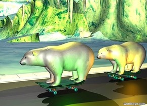 1st skateboard is left of a 2nd skateboard. 1st polar bear is -0.2 feet above and -1 feet right of the 1st skateboard. 3rd skateboard is 3 feet behind the 1st skateboard. 4th skateboard is left of the 3rd skateboard. 2nd polar bear is -0.2 feet above and -1 feet right of the 4th skateboard.  a 300 feet long road is 0.1 feet below the 1st skateboard.  a orange light is right of the 2nd  bear. a green light is right of the 1st bear. a yellow light is above the 1st bear
