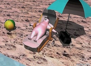a beach chair. a pink small polar bear is -2.6 feet above the chair. it leans 75 degrees to the back. the ground is sand. a large cyan umbrella is -1.9 feet right of and -3.6 feet behind the chair. it leans back. it is -1.2 feet above the ground. the ocean is 3 feet in front of the bear. a hotdog stand is 10 feet behind and 8 feet left of the chair. a small beach ball is 3 feet left of the chair. a beer bottle is 0.2 feet right of the chair and -0.1 feet above the ground. it leans to the left. a radio is -0.2 feet behind  and -0.3 feet right of the bottle and -0.5 feet above the ground. it faces southwest. it leans back. a pair of sunglasses is -0.8  feet above and -3.5 feet in front of the bear. the sunglasses leans 90 degrees to the back. the sun's azimuth is 230 degrees. the sun's altitude is 105 degrees. the sun is pink. the camera light is gray 
