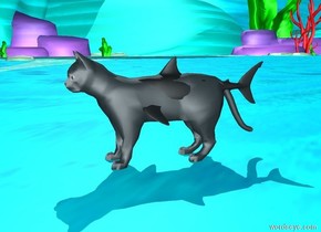 There is a giant cat.
There is a fish -7 feet behind the cat.
The fish is 2.5 feet tall.
The fish is 1.7 feet above the ground.
The fish is dark gray.
The ambient light is sky blue.