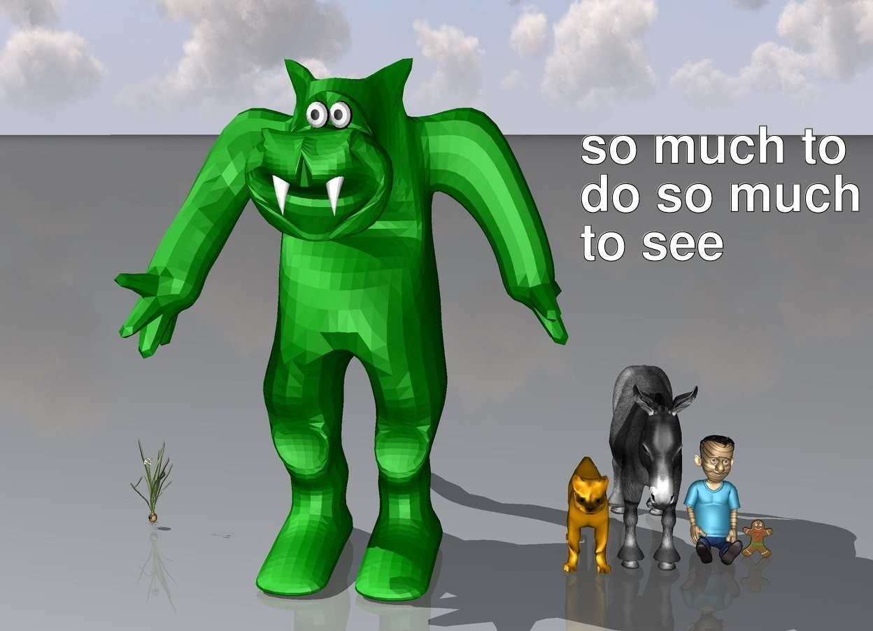 Input text: big orange cat next to a green monster with a large onion next to a small wooden man and gingerbread man to the left of grey donkey