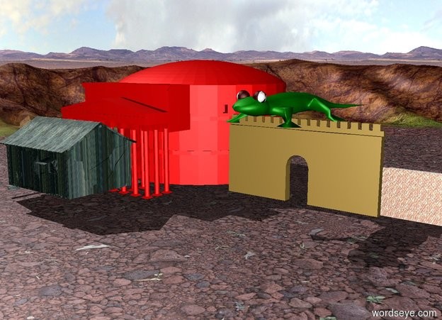 Input text: There is a shack.

The shack is made of wood.

The shack's walls are brick.

There is a small red roman temple behind the shack.

A lizard is on the roof.

The lizard is green.

The lizard is 12 meters long.