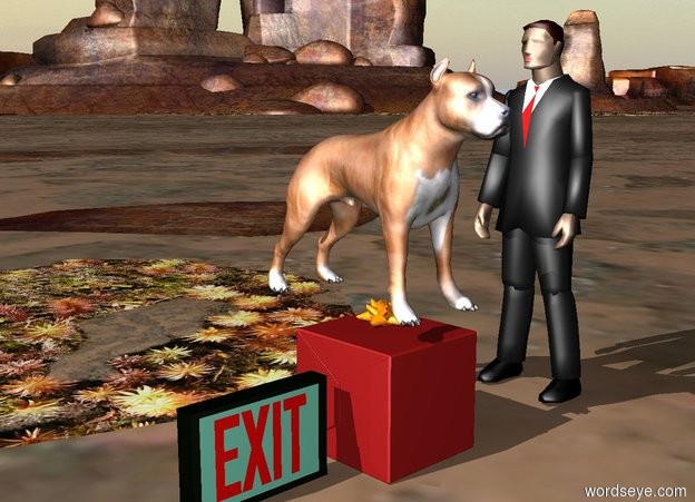 Input text: the dog is on the box.
the sign is 2 inches left of the box.
the man is one foot right of the box.
the man is facing the dog.
the man is small.
