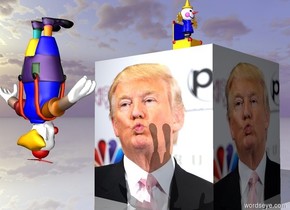 the upside down clown is facing the very huge [trump] cube. the clown is 5 feet away from the cube. the clown is 3 feet above the ground.

the huge jack in the box is on the cube.

the ground is shiny.