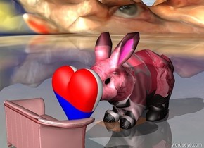 A red small couch.

A giant pink [putin] bunny is facing the couch.

The couch is facing the bunny.

The ground is [putin].

A [flag] heart is on the left of the bunny. The heart is facing the couch.