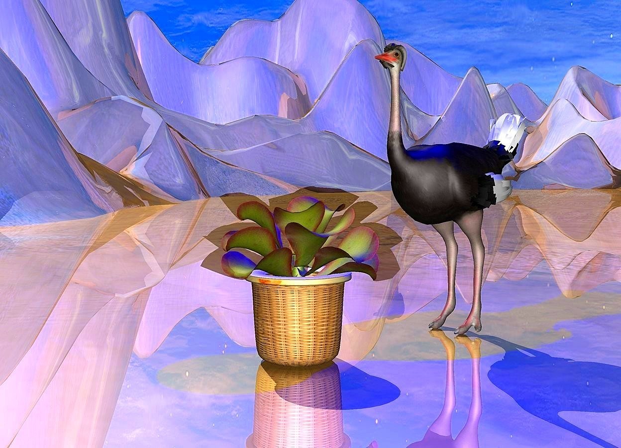 Input text: the tall grass mountain is 100 feet behind the ostrich.
the ostrich is in the very tall shiny desert.
a blue light is above the ostrich.

the large potted plant is in front of the ostrich.
