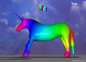 A small Rainbow unicorn. A big rainbow butterfly is a little above the unicorn 

 
