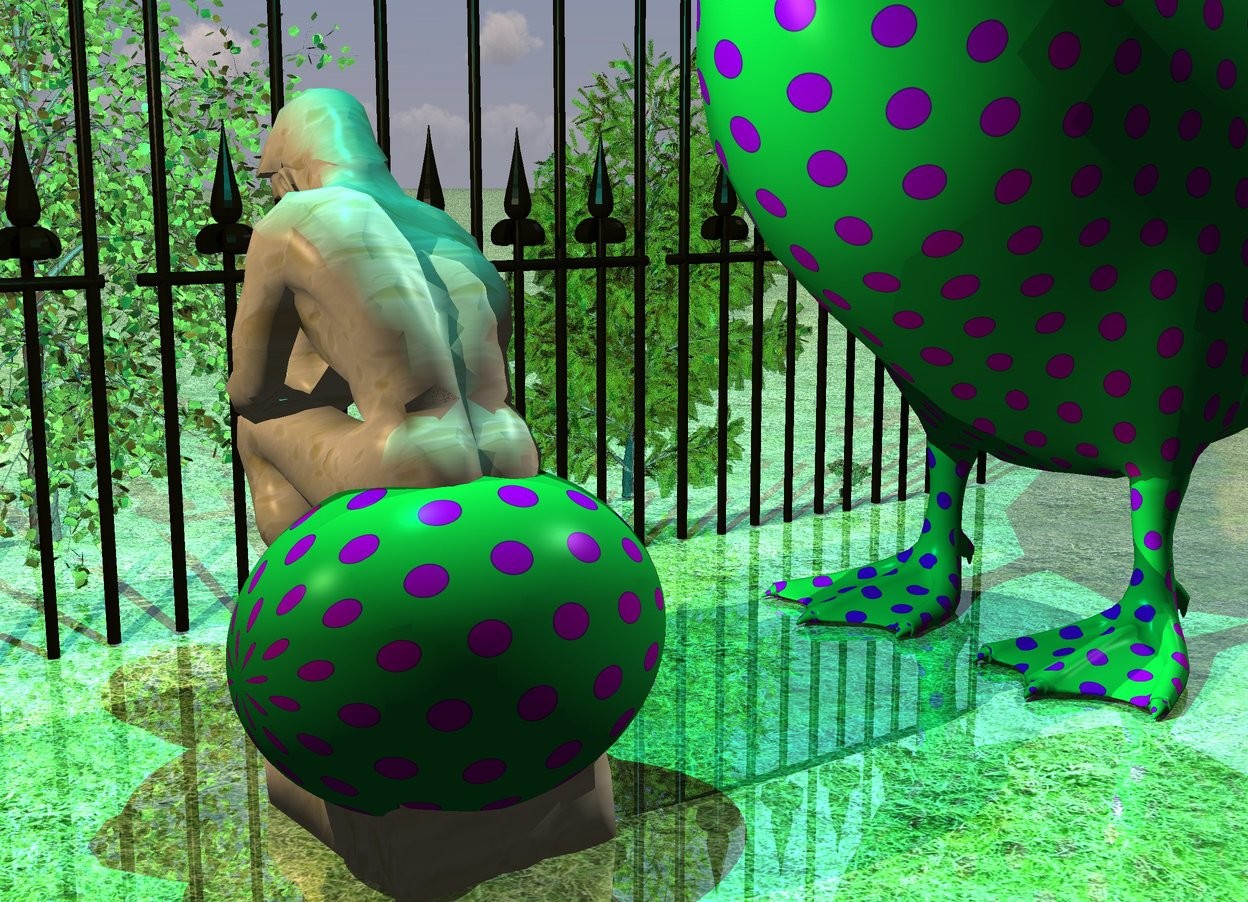 Input text: the marble sculpture. the very huge polka dot egg is 3.7 feet in the sculpture. it is -1.5 foot behind the sculpture. the 5 very tiny trees are 3 feet in front of the sculpture. the ground is grass. the very wide fence is behind the trees. the enormous bird is to the left of the sculpture. it is facing right. the [polka dot] texture is on the bird. the texture is 1 foot tall. the ground is shiny.

the camera light is black. the tan light is above and two feet to the right of the sculpture. the cyan light is 1 foot above the sculpture.