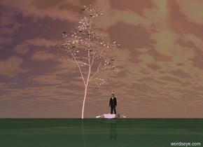 the pink tree. the ground is water. 
a pale magenta boat is four foot east of the tree. a man is in the boat.
it is sunset.