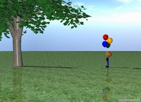 A boy is facing a green tree. ground is grass.