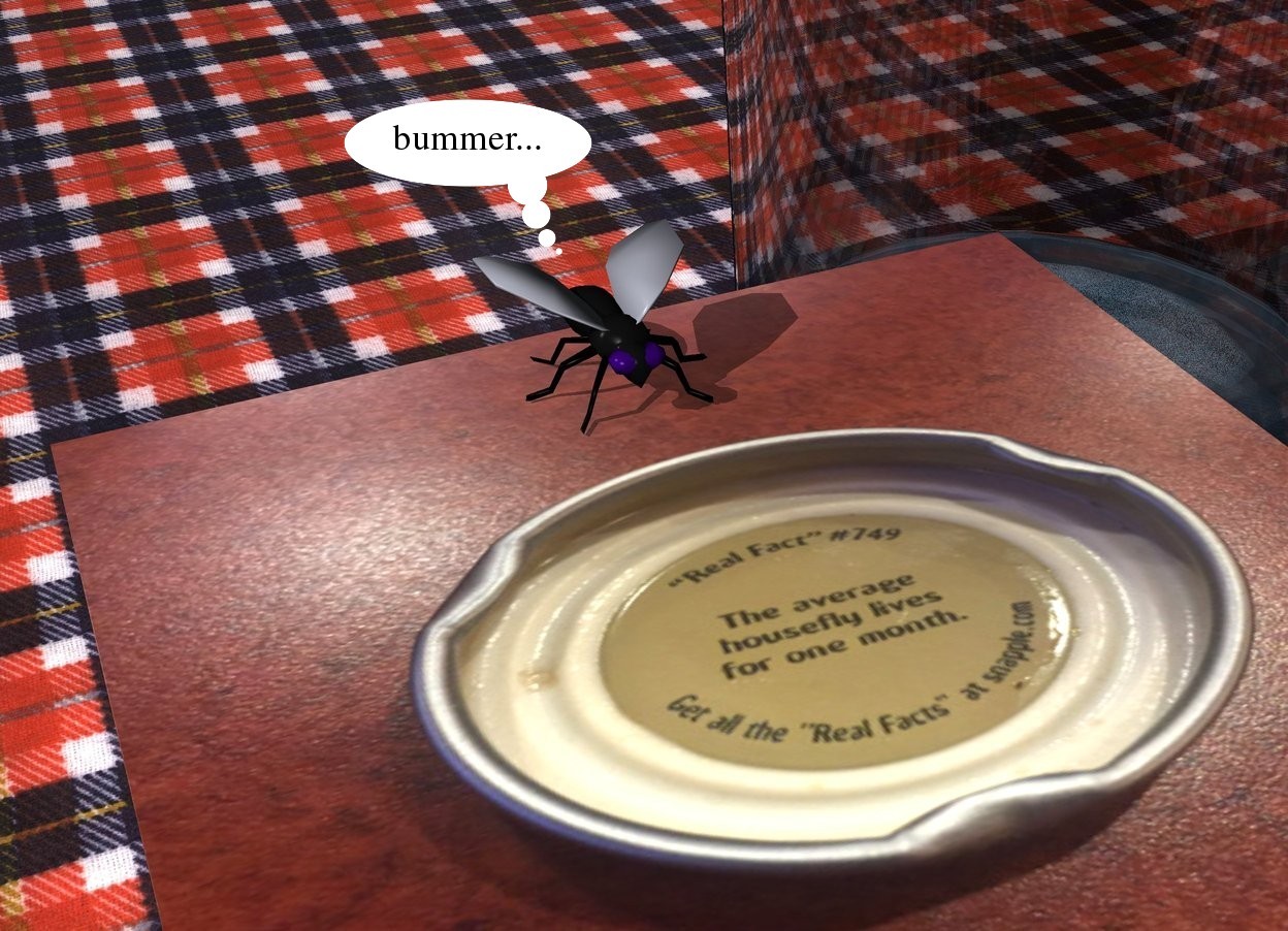 Input text: the [snapplecap] cube. the ground is plaid. the large fly is on the cube. it is -2.2 inches behind the cube. the very large glass is behind and to the right of the cube. 