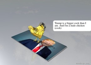 the very big gold chicken is standing on the big [donald] carpet


