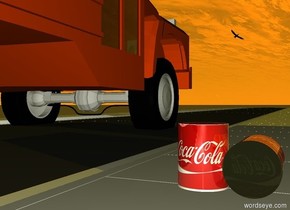 the 1st red shiny [cola] cylinder is 0.5 foot tall and 0.4 foot wide. the 1st cylinder is -1 foot west of the 1st street. the 1st cylinder is above the 1st street. the sun is marmalade.
the 2nd red shiny [cola] cylinder is 0.5 foot tall and 0.4 foot wide. the 2nd cylinder is next to the 1st cylinder. the 2nd cylinder is facing down. the 2nd cylinder's top is dull grey. the 2nd cylinder's bottom is dull grey. 
it is sunrise. the 2nd street is south of the 1st street. the 3rd street is south of the 2nd street. the 4th street is south of the 3rd street. the 5th street is south of the 4th street. the small orange red bus is -4 inches above the 2nd street. the bus is 4 inches north of the 2nd street.
the black bird is 8 foot above the 3rd street. the bird is leaning 40 inches to the right.