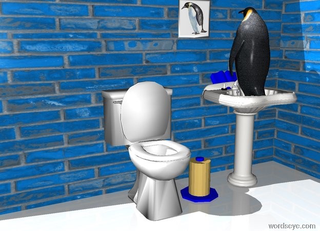 Input text: the penguin fits in the sink. the 1st small pond blue [tiled] wall is behind the toilet. 

the 3rd small pond blue [tiled] wall is east of the 1st wall. the 3rd wall is facing west. the 4th pond blue small [tiled] wall is on the 1st wall. 
the 5th pond blue small [tiled] wall is 1 inch in the 3rd wall. the 5th wall is facing west.
the ground is white.

the book is blue. the book is behind the penguin. the book is facing the penguin. the book is leaning 40 degrees to the back. the sink is 1 foot east of the toilet. the penguin fits in the sink. the penguin is facing back.
the roll is east of the toilet. 
 the photo is in front of the 1st wall. the photo is 4 feet above the ground. the photo is 0.5 foot east of the toilet.